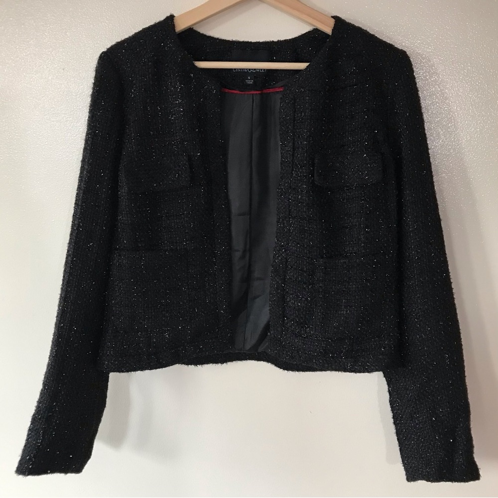 Cynthia Rowley • S • Black Sparkle Tweed Boucle Knit Open Front Blazer